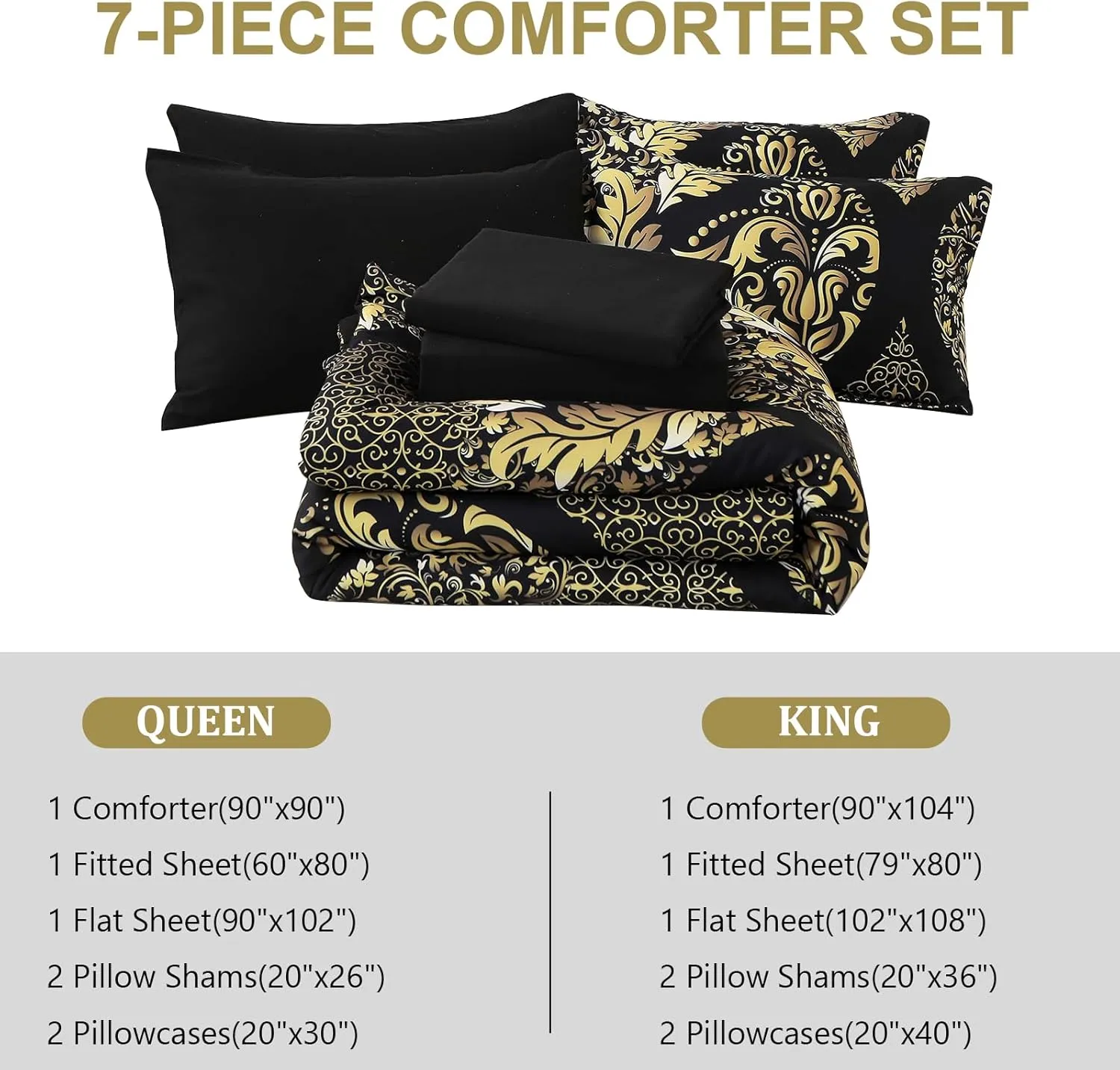 Anibedding Black Gold Comforter Set Queen Size, 7 Pieces Bohemian Damask Comforter Set Soft Lightweight Microfiber Bedding Set for All Season (90"x90")