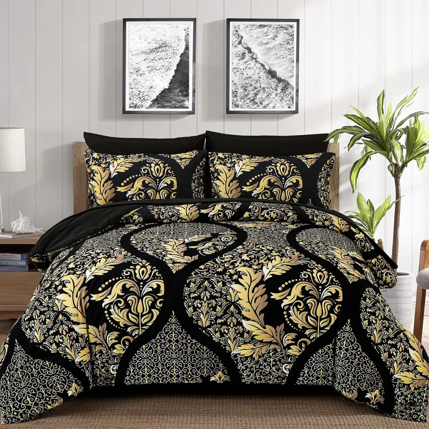 Anibedding Black Gold Comforter Set Queen Size, 7 Pieces Bohemian Damask Comforter Set Soft Lightweight Microfiber Bedding Set for All Season (90"x90")