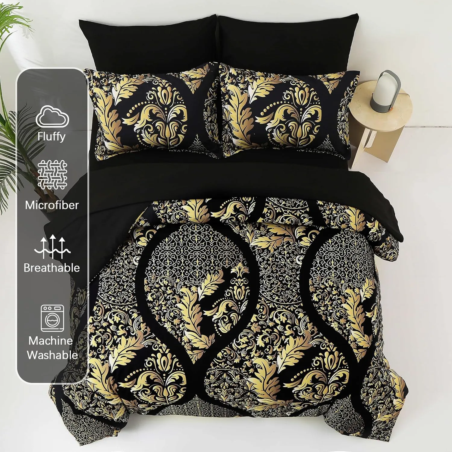 Anibedding Black Gold Comforter Set Queen Size, 7 Pieces Bohemian Damask Comforter Set Soft Lightweight Microfiber Bedding Set for All Season (90"x90")