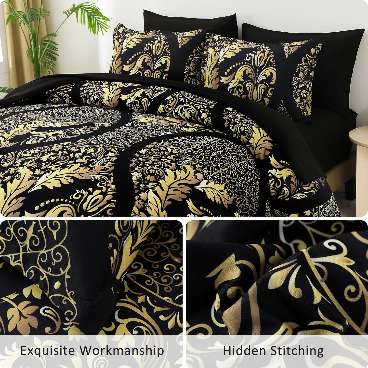 Anibedding Black Gold Comforter Set Queen Size, 7 Pieces Bohemian Damask Comforter Set Soft Lightweight Microfiber Bedding Set for All Season (90"x90")