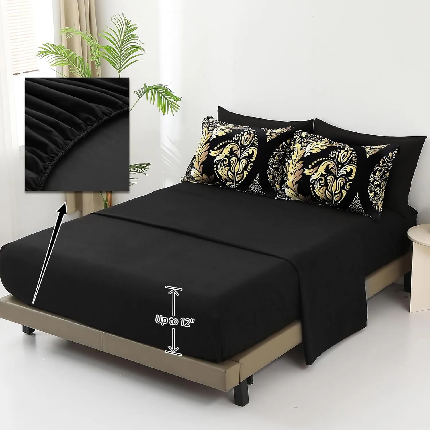 Anibedding Black Gold Comforter Set Queen Size, 7 Pieces Bohemian Damask Comforter Set Soft Lightweight Microfiber Bedding Set for All Season (90"x90")