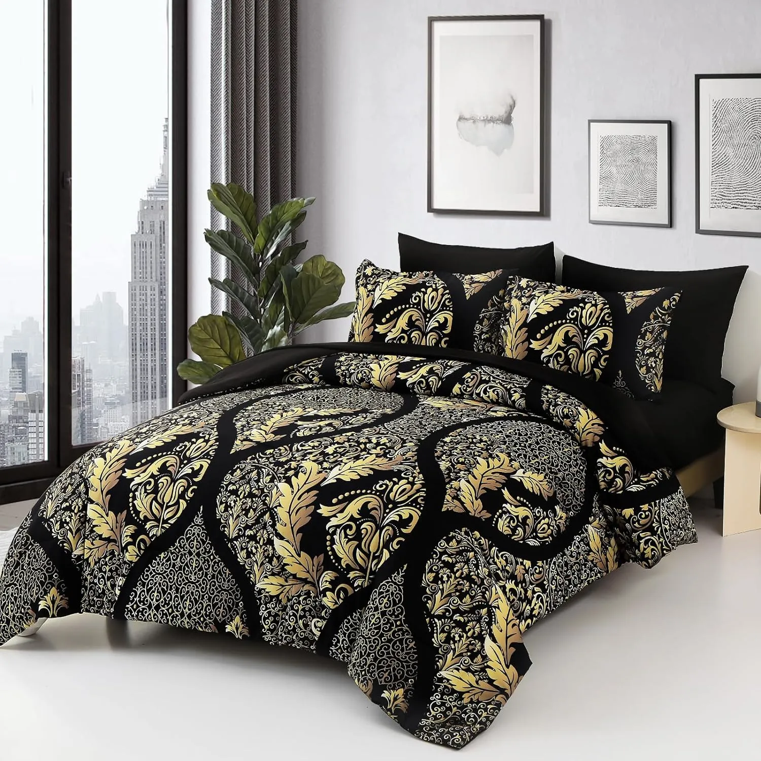 Anibedding Black Gold Comforter Set Queen Size, 7 Pieces Bohemian Damask Comforter Set Soft Lightweight Microfiber Bedding Set for All Season (90"x90")