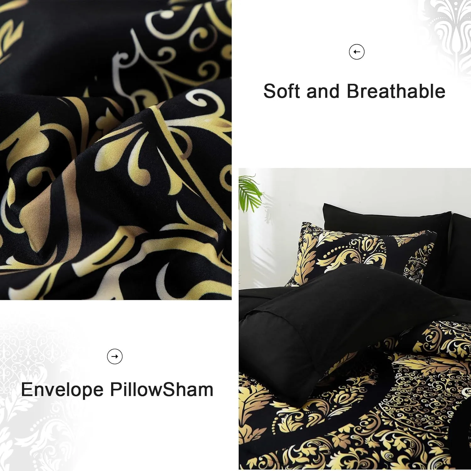 Anibedding Black Gold Comforter Set Queen Size, 7 Pieces Bohemian Damask Comforter Set Soft Lightweight Microfiber Bedding Set for All Season (90"x90")