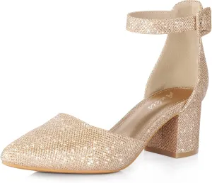 Ankis Closed Toe Heels for Women -Black Nude Gold Silver Pointed Toe Heels Low Block Chunky Women Pumps with Ankle Strap -2.25 Inch