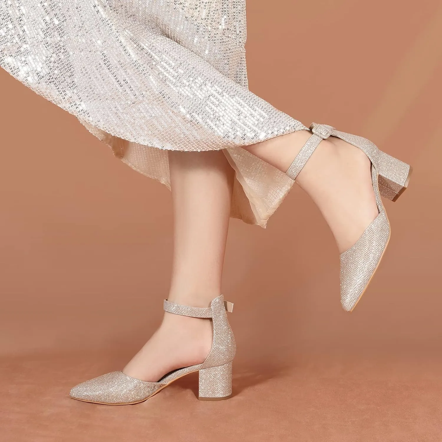Ankis Closed Toe Heels for Women -Black Nude Gold Silver Pointed Toe Heels Low Block Chunky Women Pumps with Ankle Strap -2.25 Inch