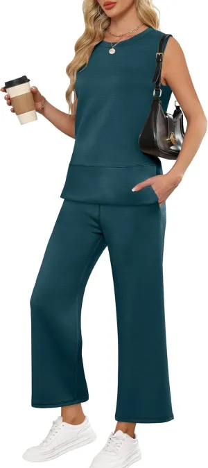 ANRABESS Women's 2 Piece Sets Summer Travel Airplane Outfits Sleeveless Wide Leg Casual Lounge Matching Sweat Set Sweatsuits