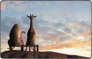 Area Rugs for Living Room Decor - Elephant Giraffe On A Mountain Top Sunset Anti Slip Throw Washable Rugs 3x5 for Bedroom, Indoor Soft Carpet for Bedroom Living Room 60x39In