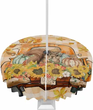 Autumn Outdoor Tablecloth 60" Round Tablecloth with Umbrella Hole and Zipper Waterproof Polyester Fabric Table Cloth Hello Fall Tuck Punpkin Sunflowers Leaf Check Orange Table Cover for Patio Picnic