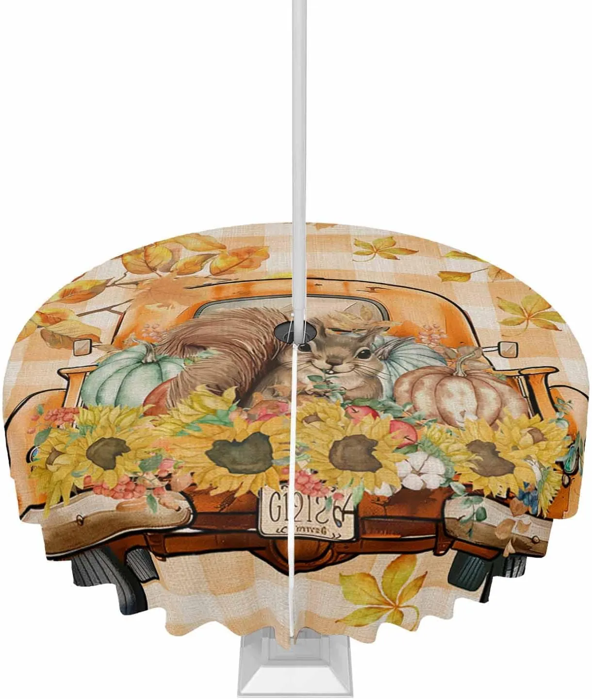 Autumn Outdoor Tablecloth 60" Round Tablecloth with Umbrella Hole and Zipper Waterproof Polyester Fabric Table Cloth Hello Fall Tuck Punpkin Sunflowers Leaf Check Orange Table Cover for Patio Picnic