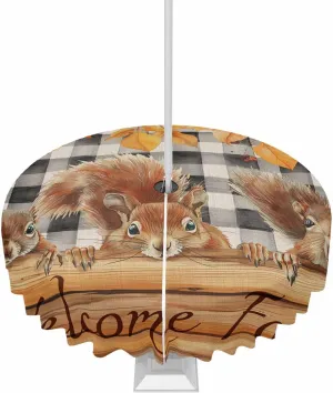 Autumn Wood Grain Outdoor Tablecloth 54" Round Tablecloth with Umbrella Hole and Zipper Waterproof Polyester Fabric Table Cloth Welcome Fall Animal Leaf Check Black White Table Cover for Patio Picnic
