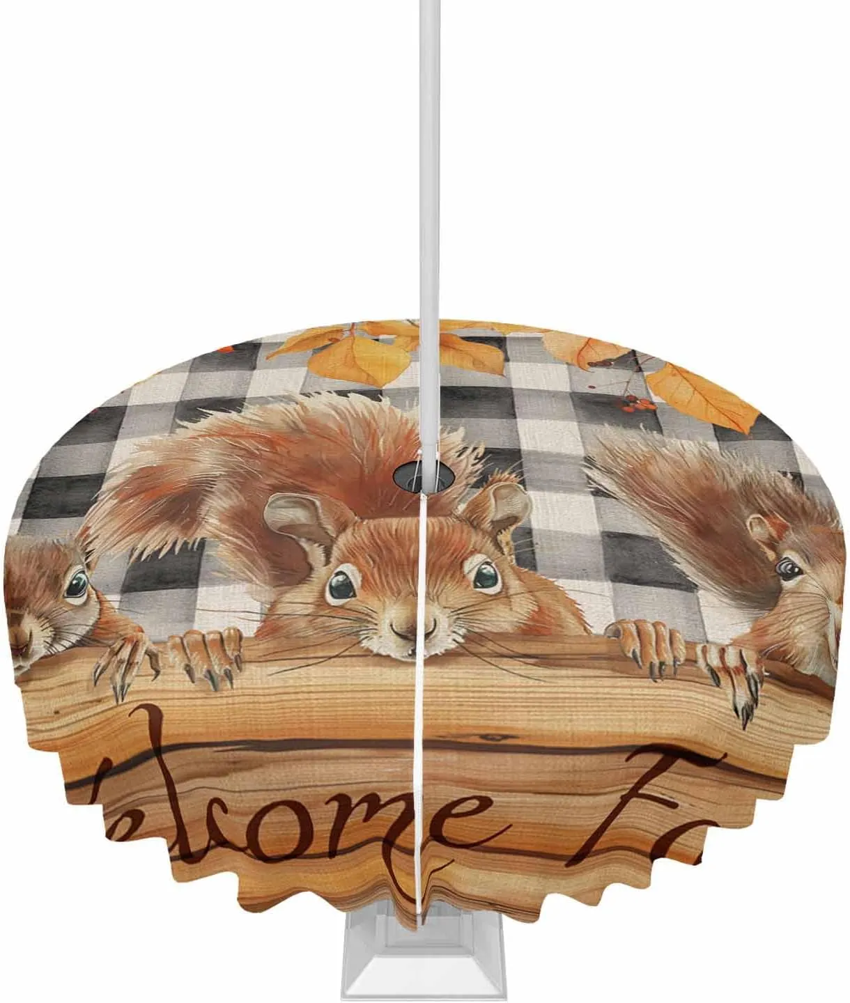Autumn Wood Grain Outdoor Tablecloth 54" Round Tablecloth with Umbrella Hole and Zipper Waterproof Polyester Fabric Table Cloth Welcome Fall Animal Leaf Check Black White Table Cover for Patio Picnic