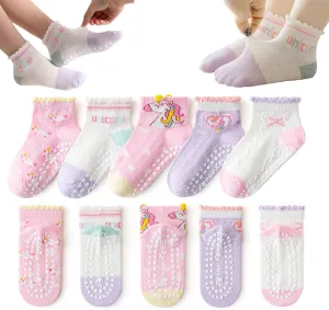 Baby Girls Toddler Socks With Grippers,5 PCS Cute Ruffle Summer Mesh Socks Frilly Dress Baby Crew Socks 1-8 Years