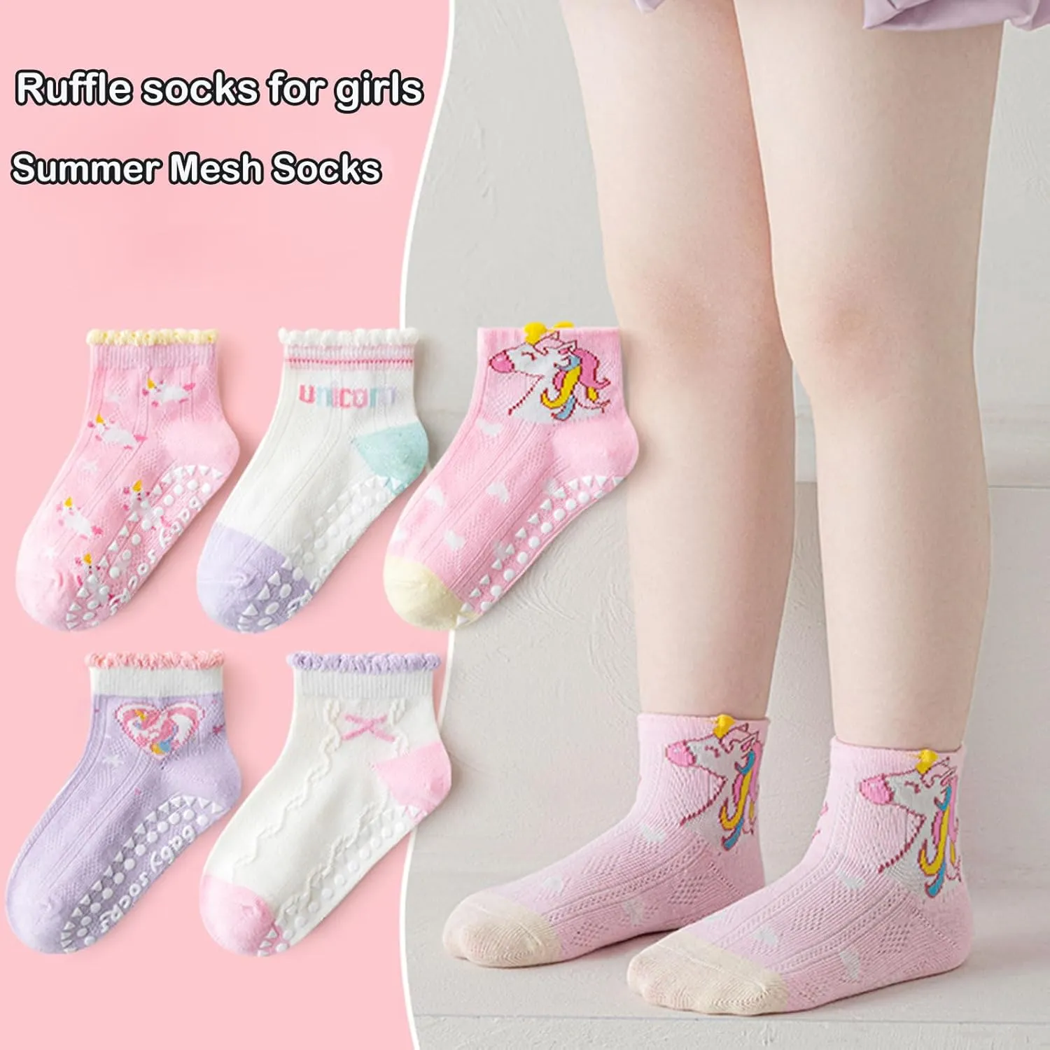 Baby Girls Toddler Socks With Grippers,5 PCS Cute Ruffle Summer Mesh Socks Frilly Dress Baby Crew Socks 1-8 Years