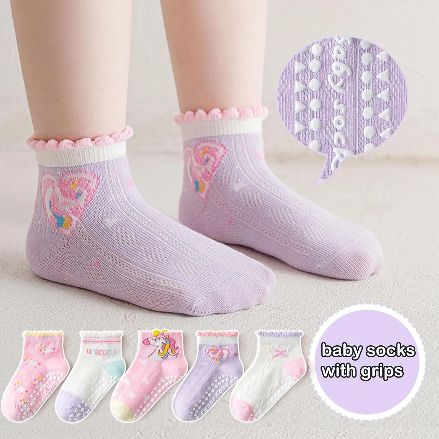 Baby Girls Toddler Socks With Grippers,5 PCS Cute Ruffle Summer Mesh Socks Frilly Dress Baby Crew Socks 1-8 Years