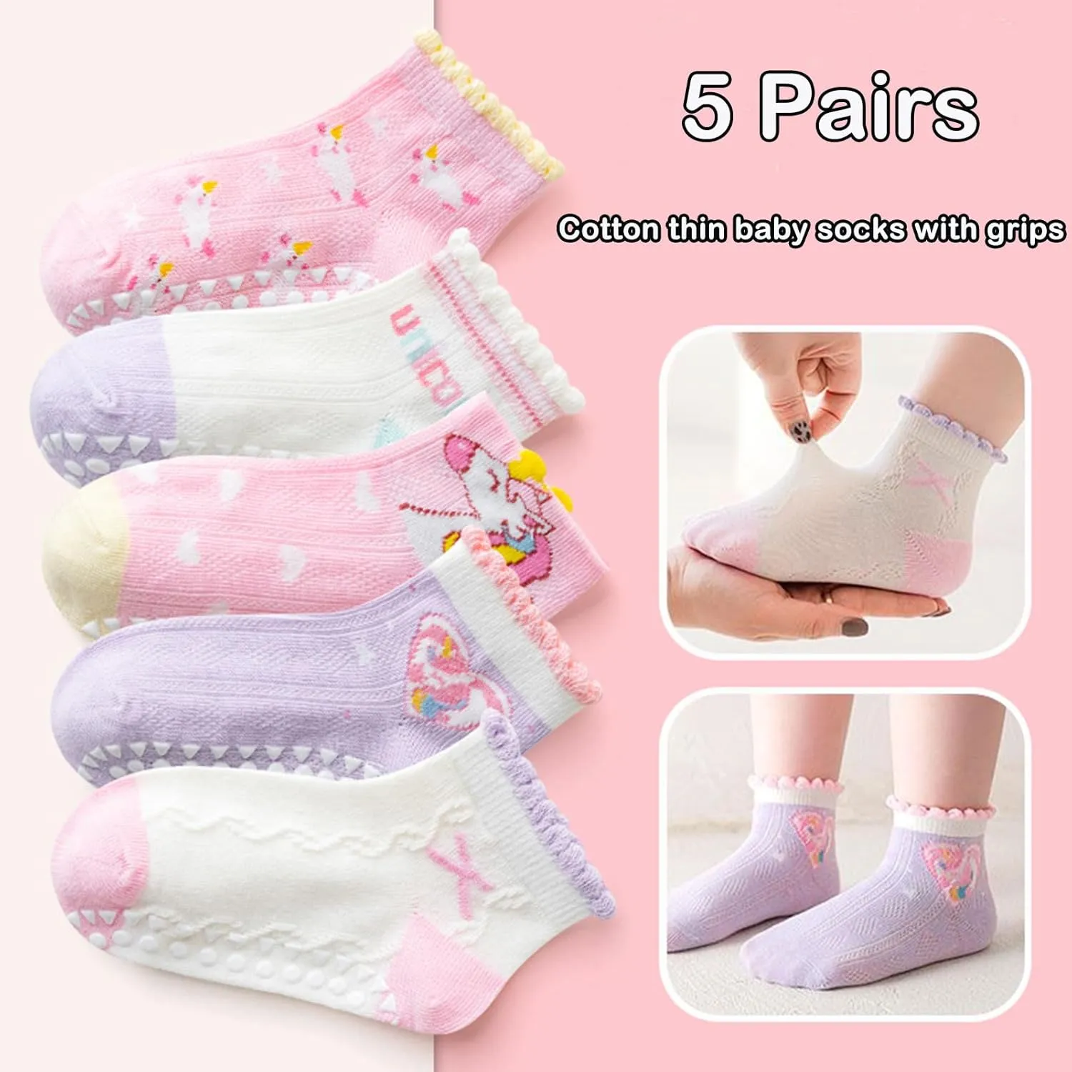 Baby Girls Toddler Socks With Grippers,5 PCS Cute Ruffle Summer Mesh Socks Frilly Dress Baby Crew Socks 1-8 Years