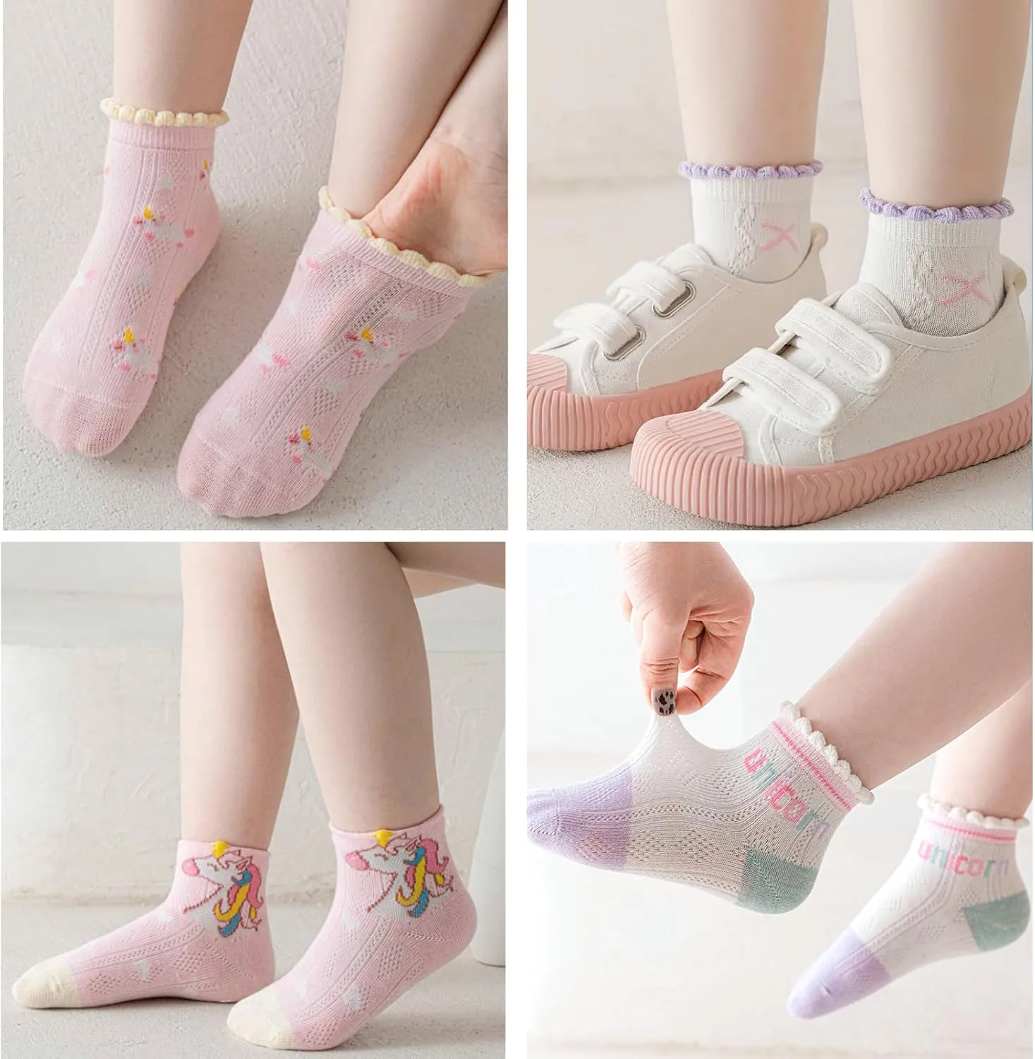 Baby Girls Toddler Socks With Grippers,5 PCS Cute Ruffle Summer Mesh Socks Frilly Dress Baby Crew Socks 1-8 Years