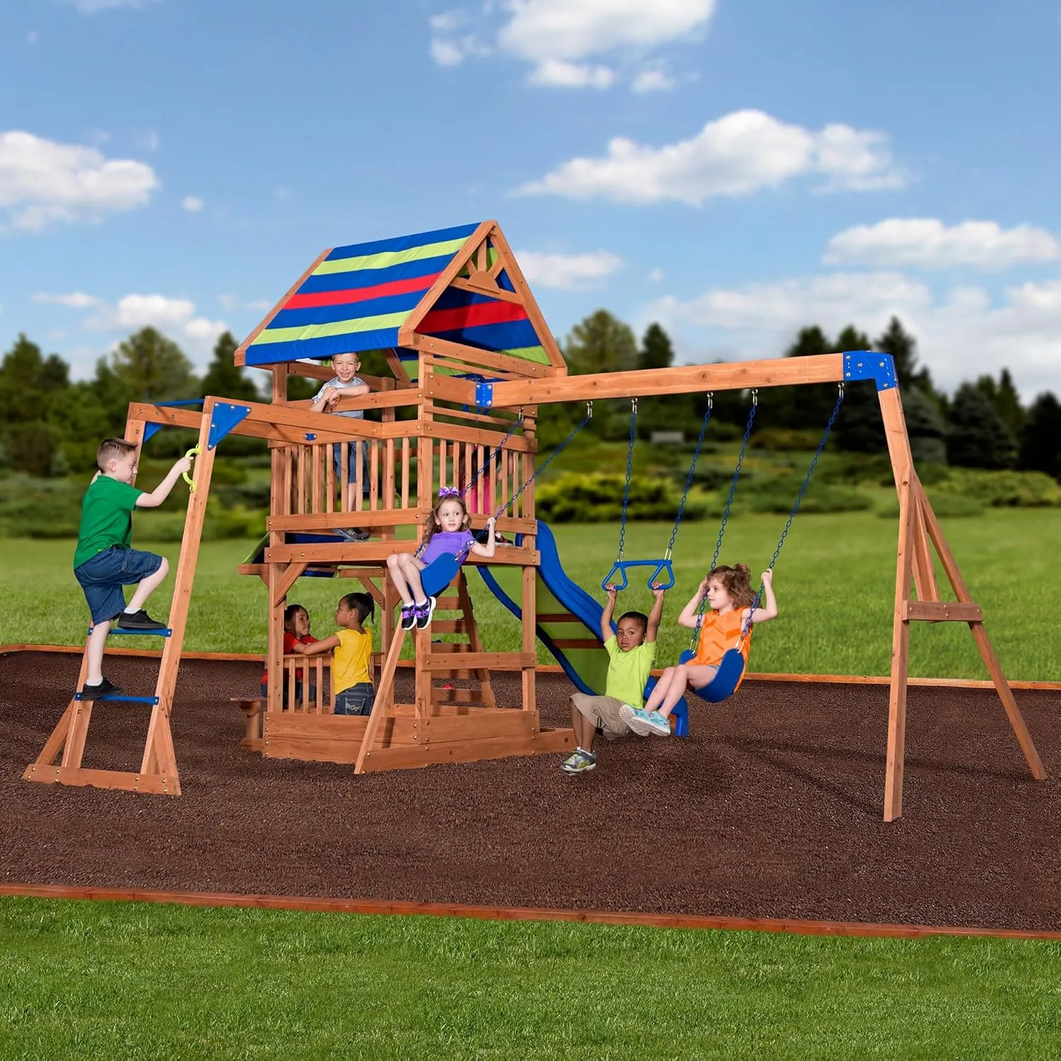 Backyard Discovery Beach Front Cedar Wood Swing Set with Wave Slide, Play Deck, Monkey Bars, Rock Wall Ladder, Shaded Picnic Area, Snack Bar, Belt Swings, Trapeze, Sandbox Area, Outdoor Playset