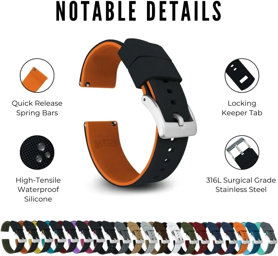 BARTON Elite Silicone Watch Bands - Quick Release - Choose Strap Color & Buckle Color (Stainless Steel, Black PVD or Gunmetal Grey) - 18mm, 20mm, 22mm & 24mm Watch Straps