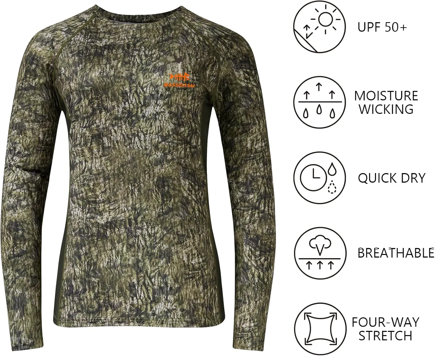 BASSDASH Women’s Camo Hunting Shirt Long Sleeve UPF 50  Sun Protection Performance Tee Fishing Hiking