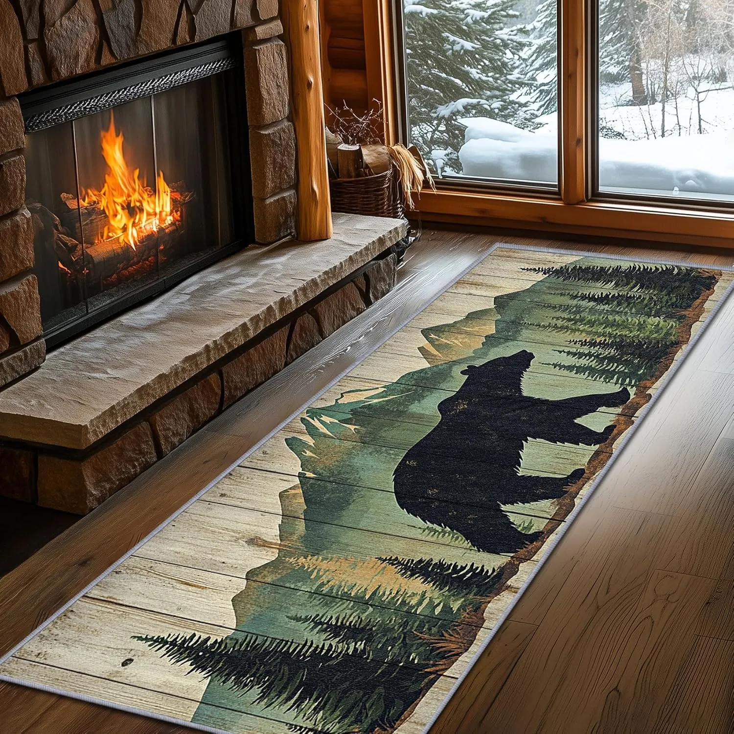 Bear Rugs for Cabin, Bear Runner Rug, 2x6ft, Nature Landscape Rustic Wooden Cabin Runners for Hallways, Farmhouse Lodge Country Runner Rug Non Slip Soft - Bear Home Decor