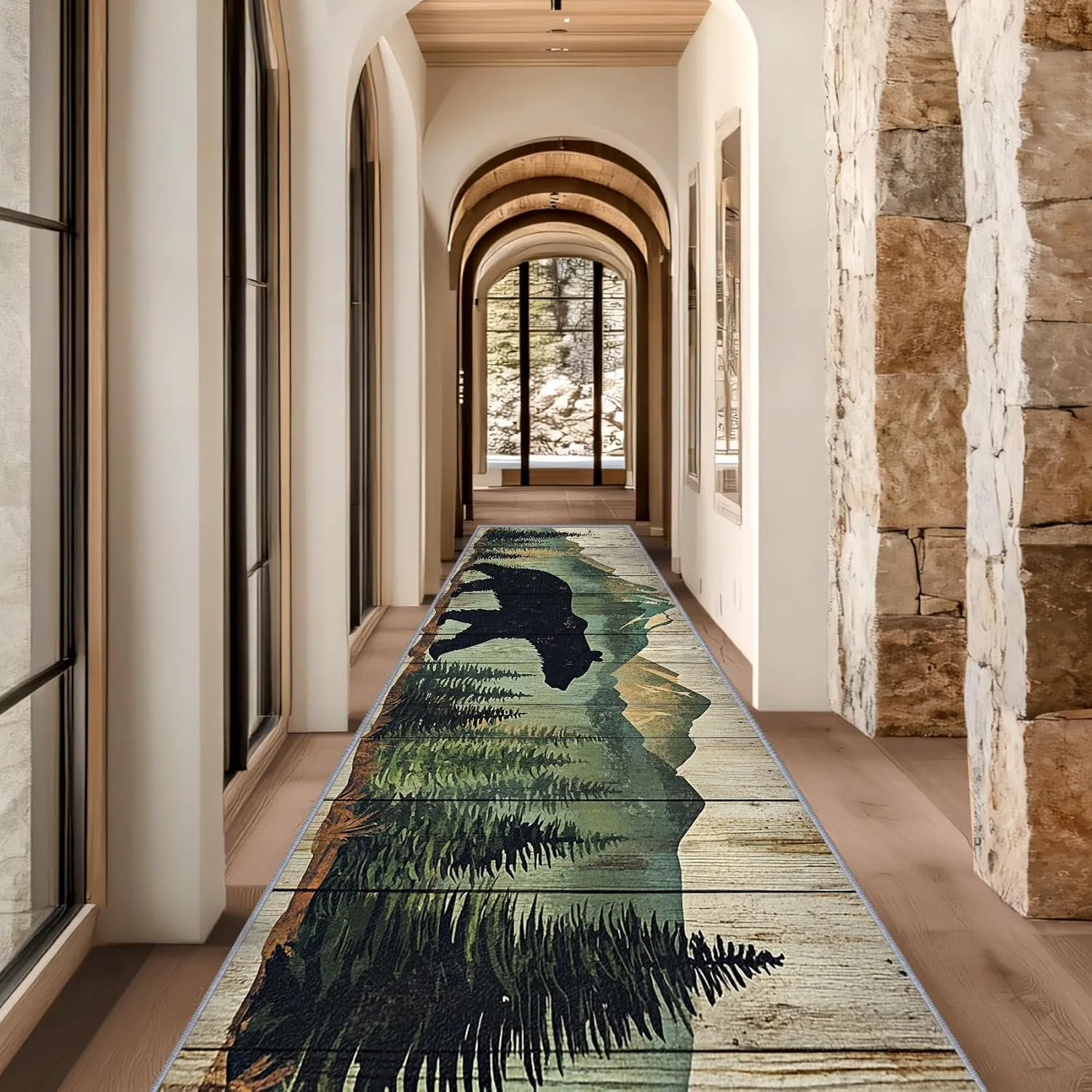 Bear Rugs for Cabin, Bear Runner Rug, 2x6ft, Nature Landscape Rustic Wooden Cabin Runners for Hallways, Farmhouse Lodge Country Runner Rug Non Slip Soft - Bear Home Decor