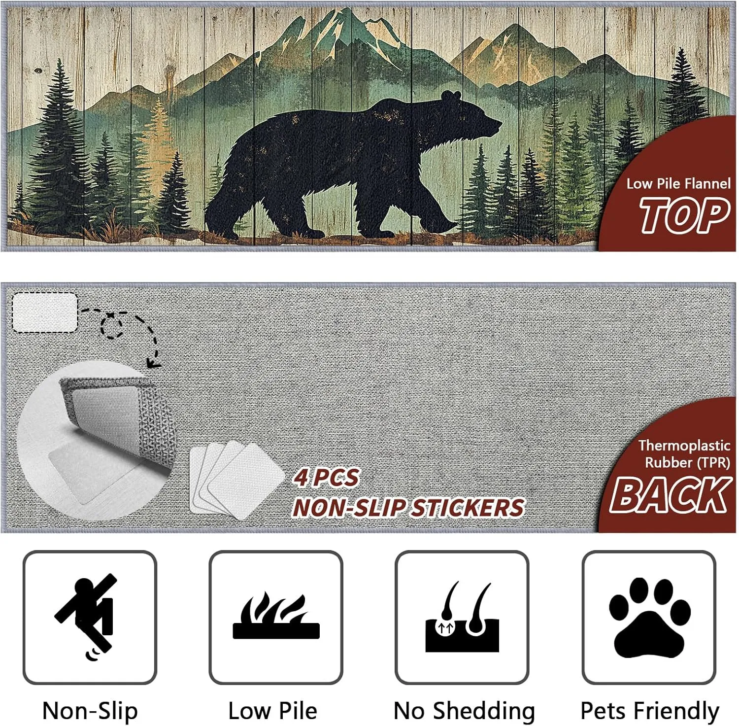 Bear Rugs for Cabin, Bear Runner Rug, 2x6ft, Nature Landscape Rustic Wooden Cabin Runners for Hallways, Farmhouse Lodge Country Runner Rug Non Slip Soft - Bear Home Decor