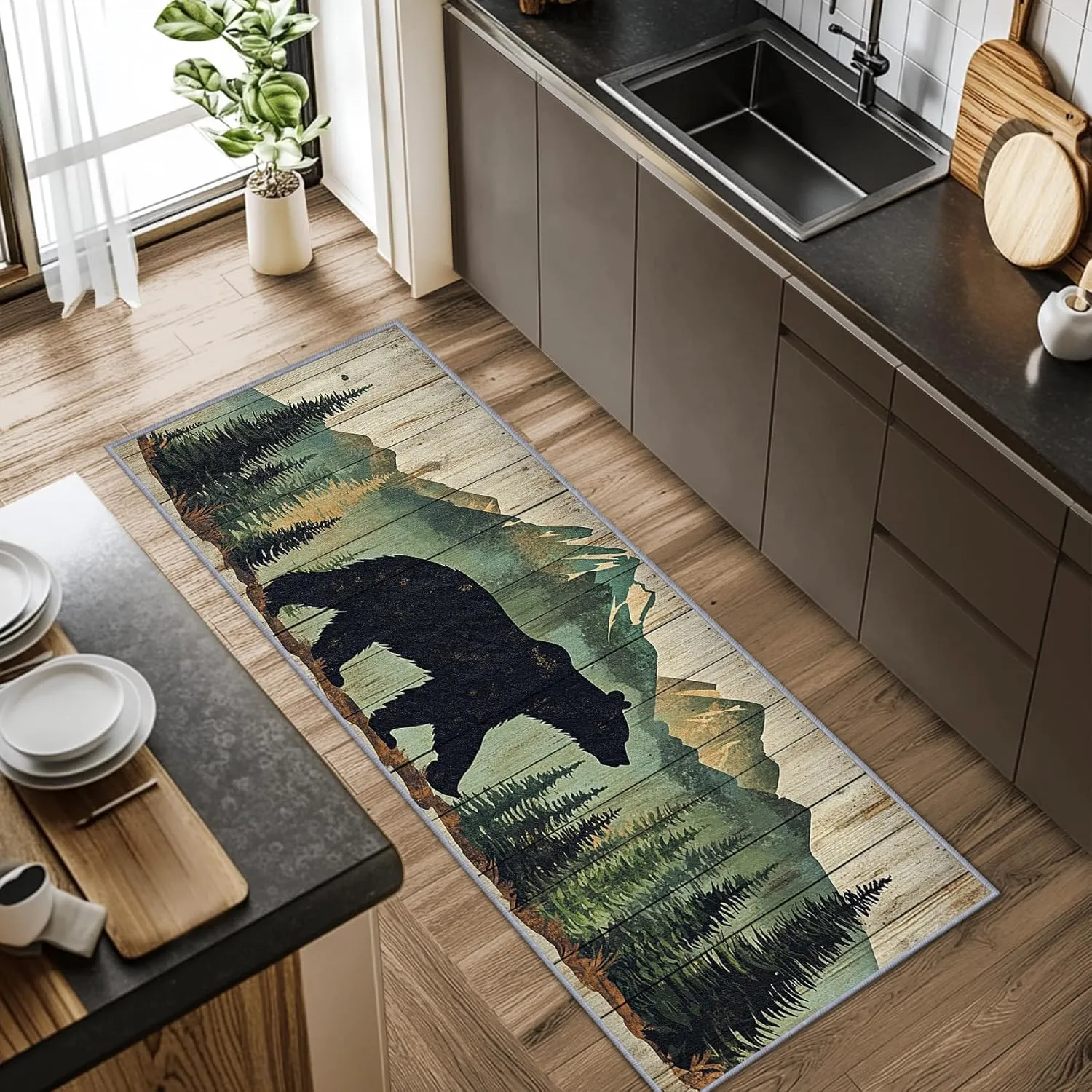 Bear Rugs for Cabin, Bear Runner Rug, 2x6ft, Nature Landscape Rustic Wooden Cabin Runners for Hallways, Farmhouse Lodge Country Runner Rug Non Slip Soft - Bear Home Decor