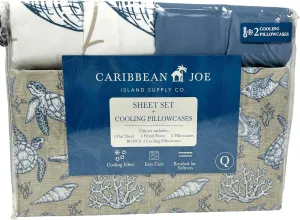 Beautiful Coastal Beach Scene Cooling Effect Super Soft 6-PC Queen Brushed Polyester Sheet Set by Caribbean Joe | Beige | Seashells, Corals, Turtles, Fishes