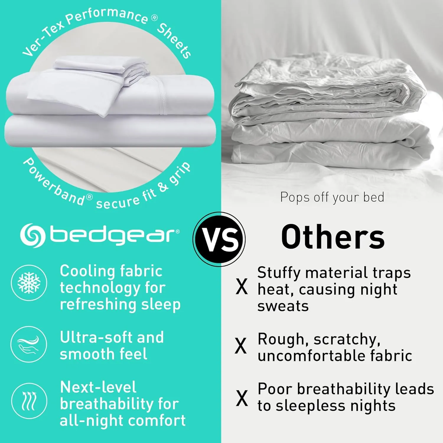 Bedgear Ver-Tex Sheet Set - Instant Cooling Bed Sheets with an Ultra-Soft Feel and Powerband for Secure Fit - Includes Fitted Sheet, Flat Sheet, and 2 Pillowcase - King/California King, Bright White