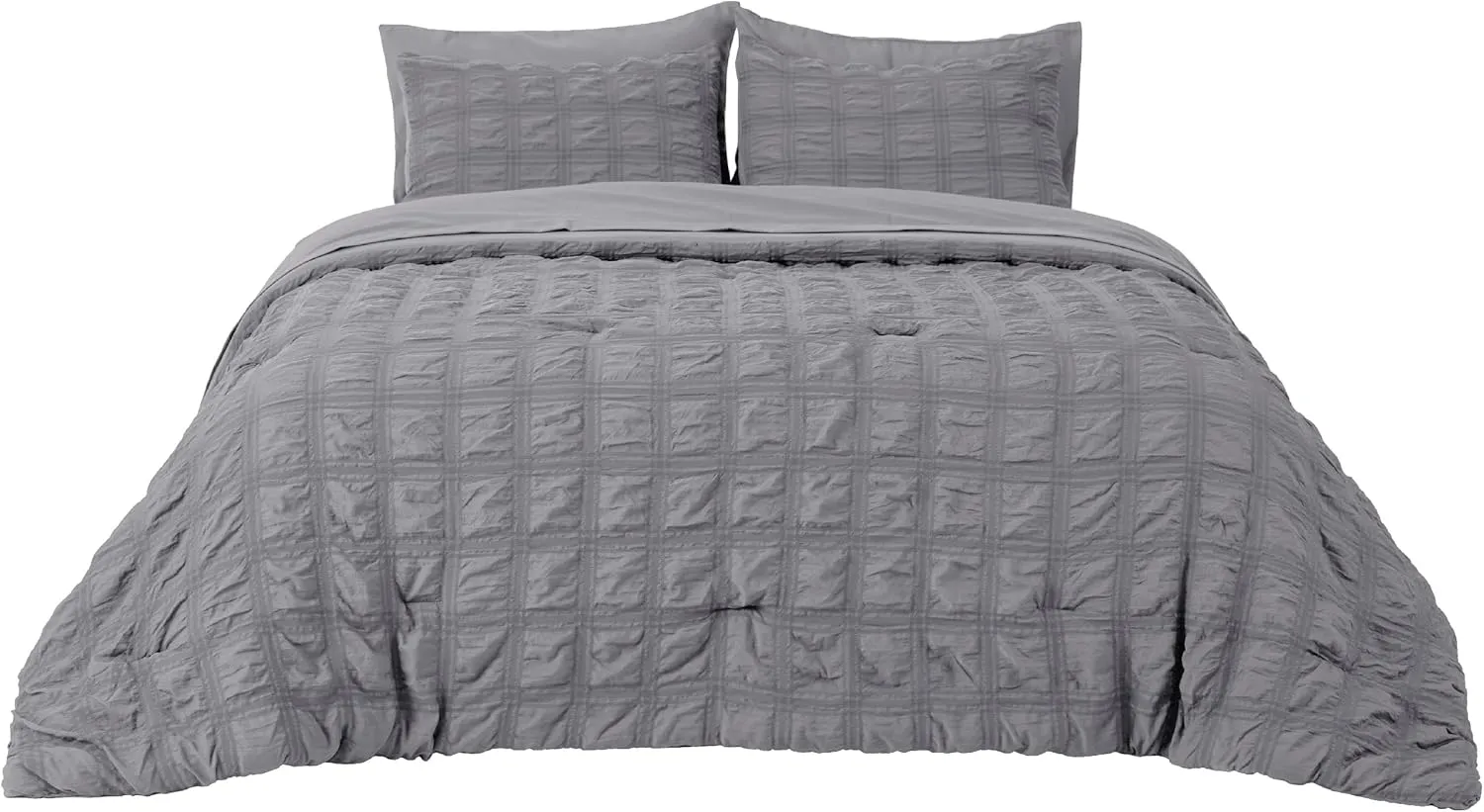 Bedsure Bed in a Bag Queen - 7 Pieces Plaid Seersucker Bedding Comforter Sets, Soft Lightweight Grey Boho Bed Set with Comforters Queen Size, Sheets, Pillowcases & Shams