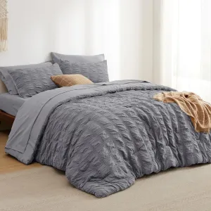 Bedsure Bed in a Bag Queen - 7 Pieces Plaid Seersucker Bedding Comforter Sets, Soft Lightweight Grey Boho Bed Set with Comforters Queen Size, Sheets, Pillowcases & Shams