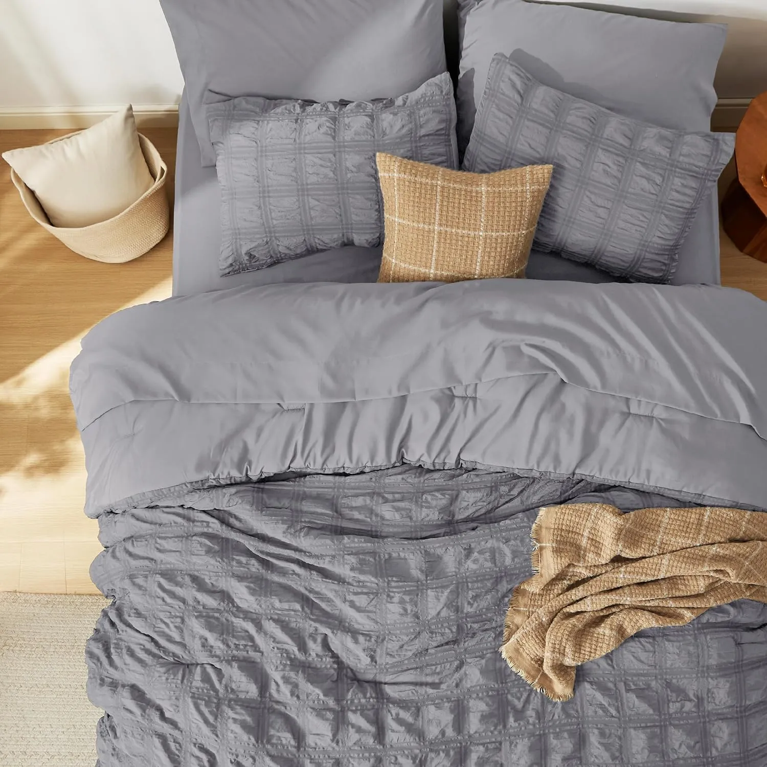 Bedsure Bed in a Bag Queen - 7 Pieces Plaid Seersucker Bedding Comforter Sets, Soft Lightweight Grey Boho Bed Set with Comforters Queen Size, Sheets, Pillowcases & Shams