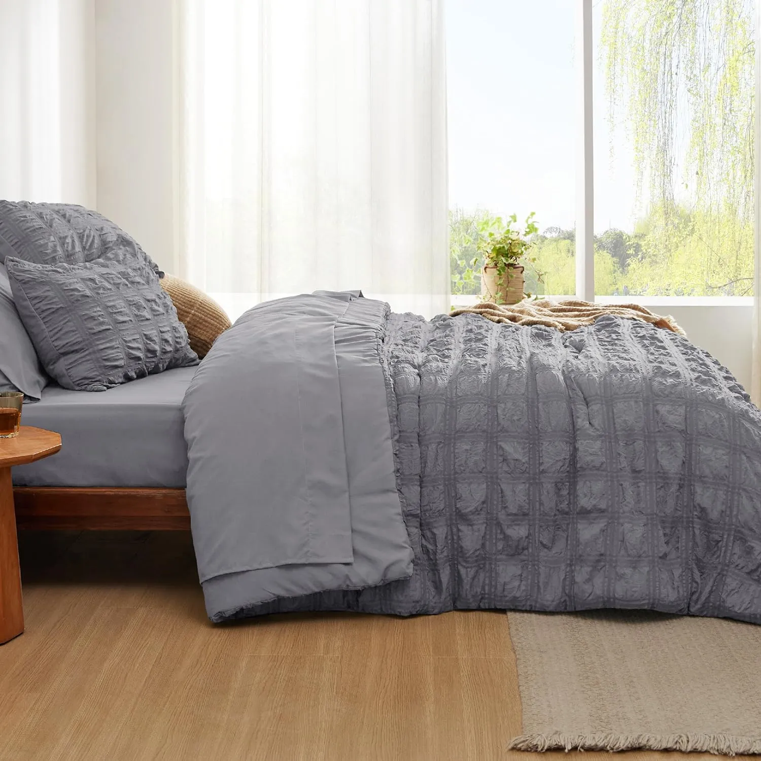 Bedsure Bed in a Bag Queen - 7 Pieces Plaid Seersucker Bedding Comforter Sets, Soft Lightweight Grey Boho Bed Set with Comforters Queen Size, Sheets, Pillowcases & Shams