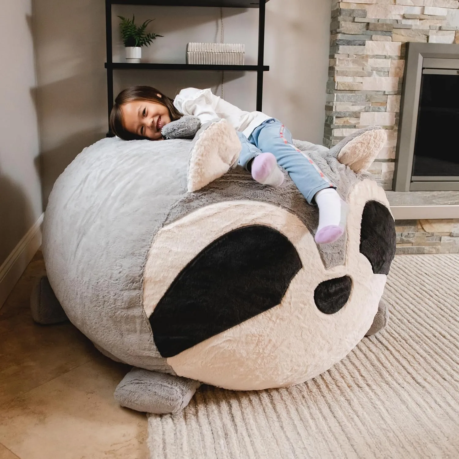 Big Joe Wild Things Foam Filled Animal Bean Bag Chair with Removable Cover, Rocky Raccoon Snugglepuff, Soft Faux Fur, 3 feet Big