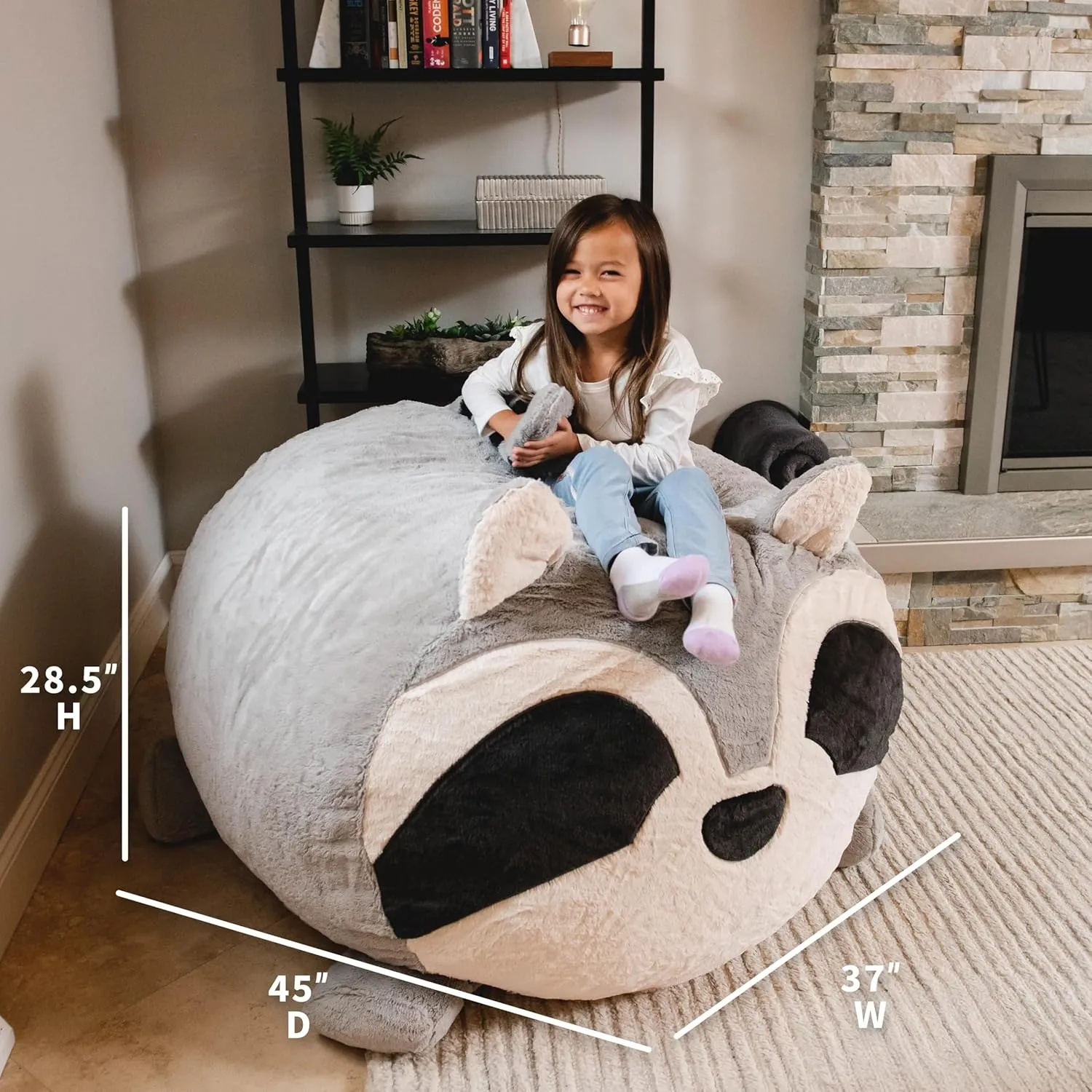 Big Joe Wild Things Foam Filled Animal Bean Bag Chair with Removable Cover, Rocky Raccoon Snugglepuff, Soft Faux Fur, 3 feet Big