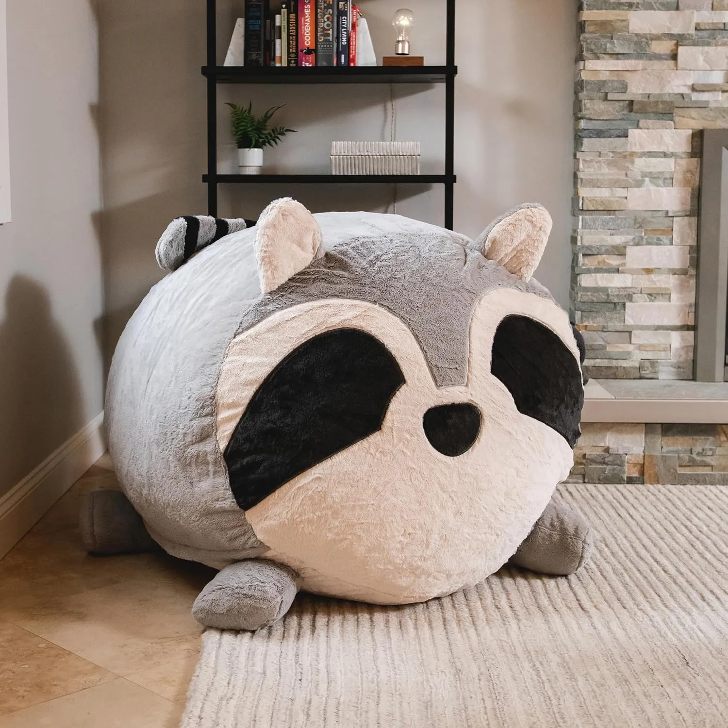Big Joe Wild Things Foam Filled Animal Bean Bag Chair with Removable Cover, Rocky Raccoon Snugglepuff, Soft Faux Fur, 3 feet Big