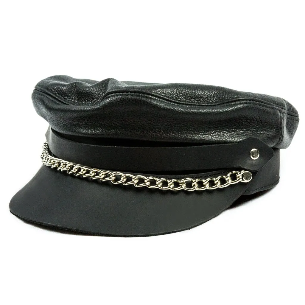 Black flat top biker cap w/ chain