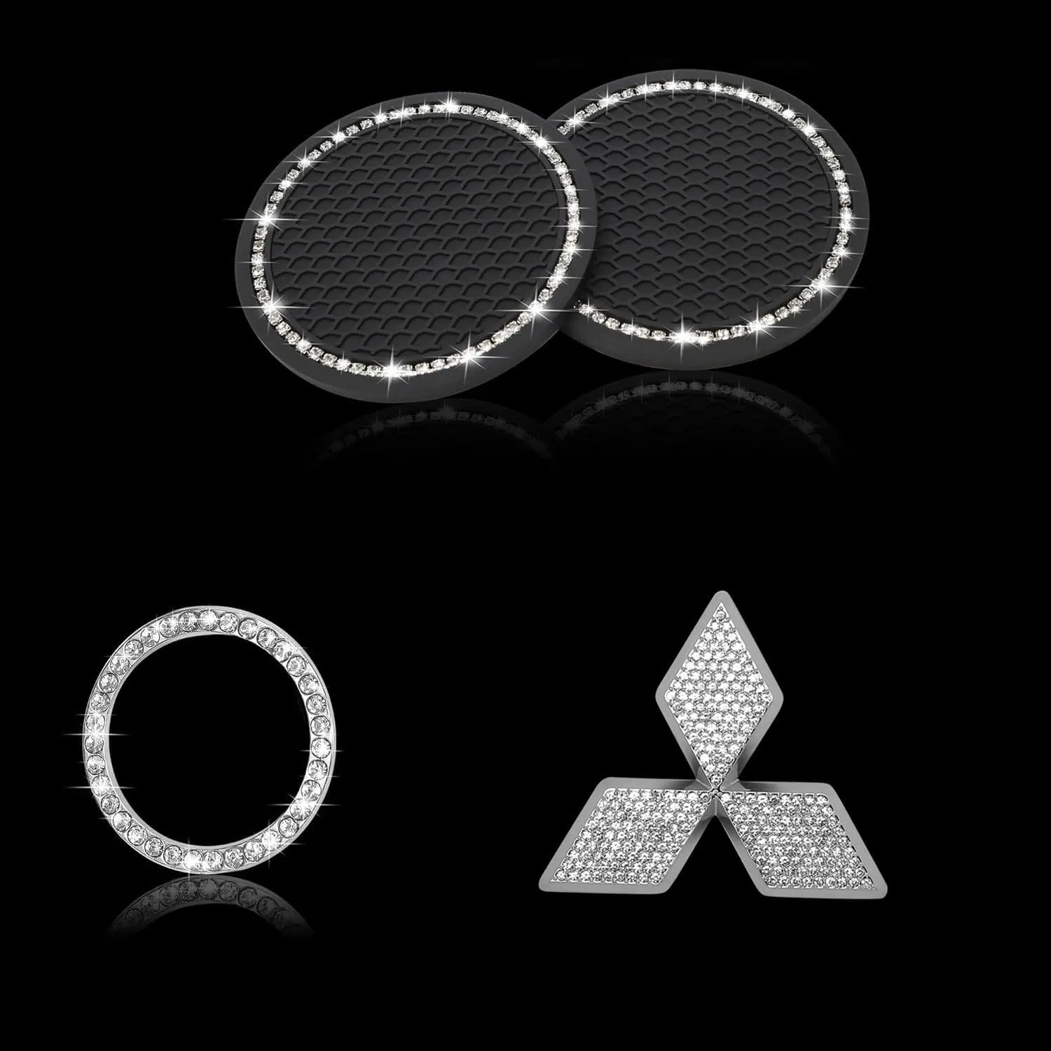 Bling Engine Start Stop Button Cover Crystal Car Cup Holder Coaster Compatible with Mitsubishi Car Logo Decal Emblem Sticker Interior Accessories Set(Small-S)