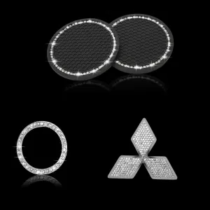 Bling Engine Start Stop Button Cover Crystal Car Cup Holder Coaster Compatible with Mitsubishi Car Logo Decal Emblem Sticker Interior Accessories Set(Small-S)