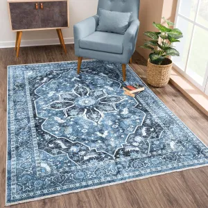 Bloom Rugs Washable Non-Slip 2x3 Rug - Blue/Charcoal Traditional Oriental Area Rug for Living Room, Bedroom, Dining Room, and Kitchen - Exact Size: 2' x 3'