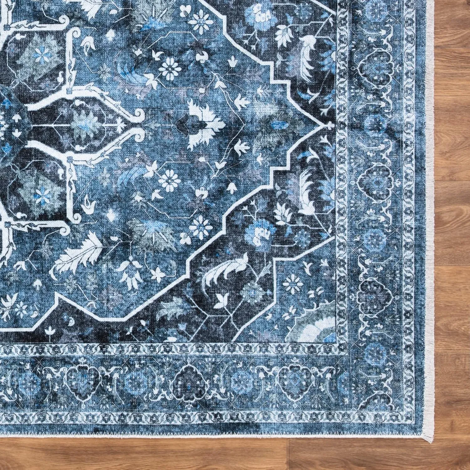 Bloom Rugs Washable Non-Slip 2x3 Rug - Blue/Charcoal Traditional Oriental Area Rug for Living Room, Bedroom, Dining Room, and Kitchen - Exact Size: 2' x 3'