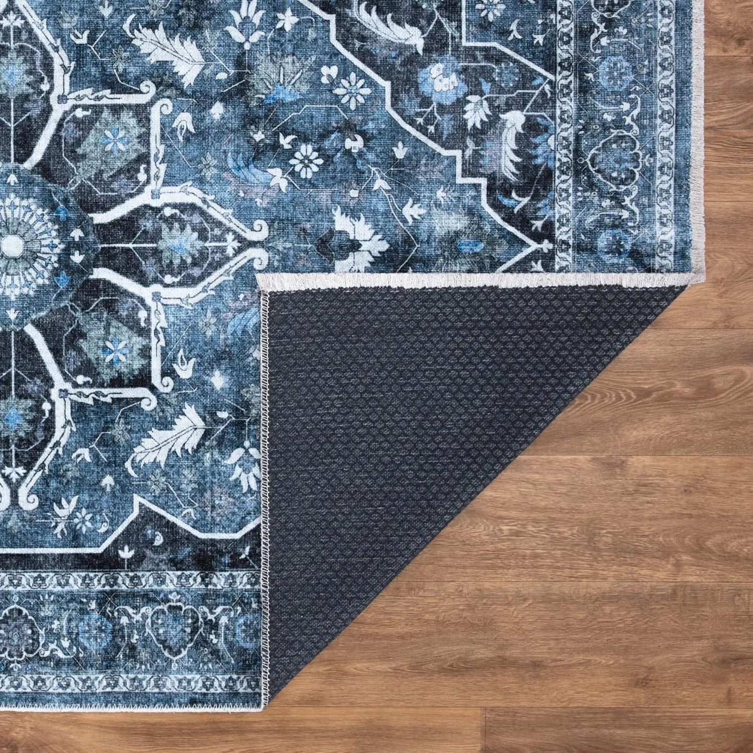 Bloom Rugs Washable Non-Slip 2x3 Rug - Blue/Charcoal Traditional Oriental Area Rug for Living Room, Bedroom, Dining Room, and Kitchen - Exact Size: 2' x 3'