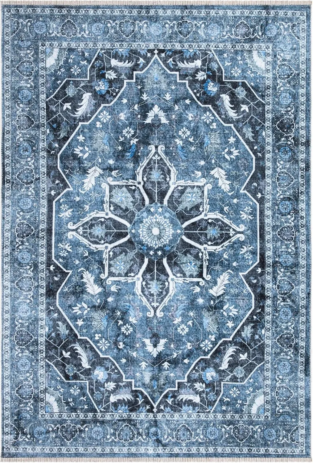 Bloom Rugs Washable Non-Slip 2x3 Rug - Blue/Charcoal Traditional Oriental Area Rug for Living Room, Bedroom, Dining Room, and Kitchen - Exact Size: 2' x 3'
