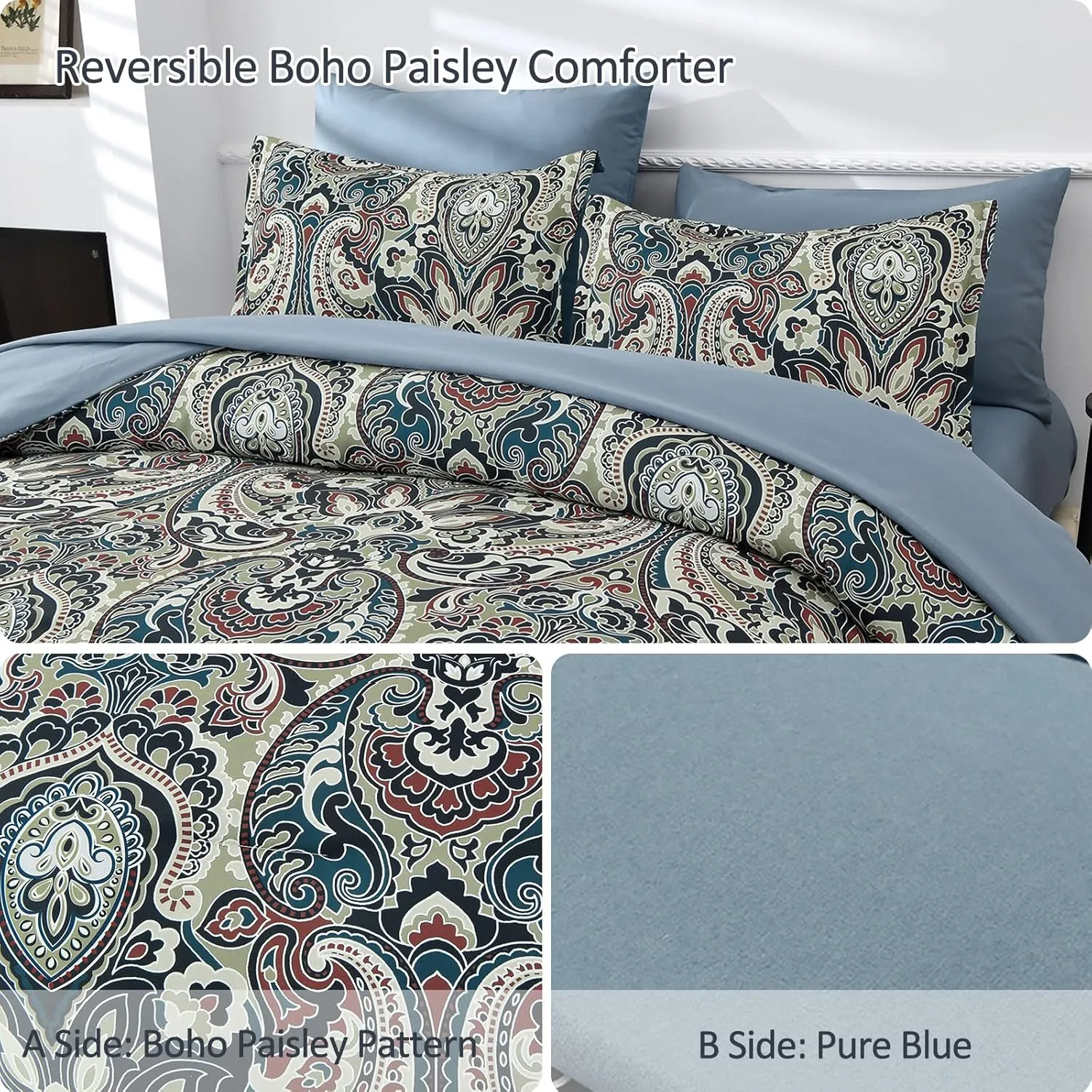 Boho Comforter Set Queen, 7 Pieces Bed in A Bag Comforter Boho Paisley Pattern Bedding Set Soft Microfiber Queen Size (1 Blue Comforter, 1 Flat Sheet, 1 Fitted Sheet, 2 Pillow shams, 2 Pillowcases)