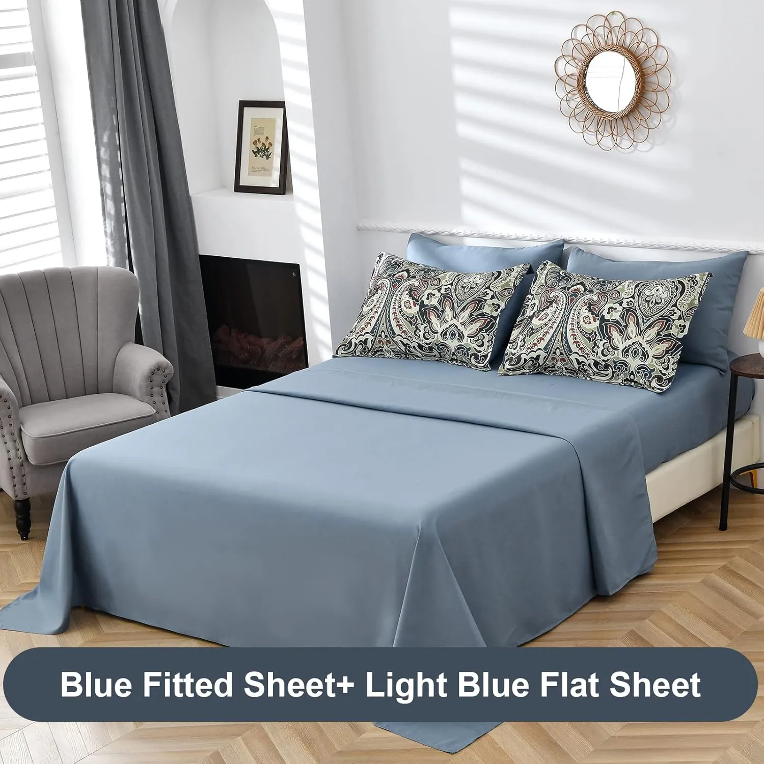 Boho Comforter Set Queen, 7 Pieces Bed in A Bag Comforter Boho Paisley Pattern Bedding Set Soft Microfiber Queen Size (1 Blue Comforter, 1 Flat Sheet, 1 Fitted Sheet, 2 Pillow shams, 2 Pillowcases)