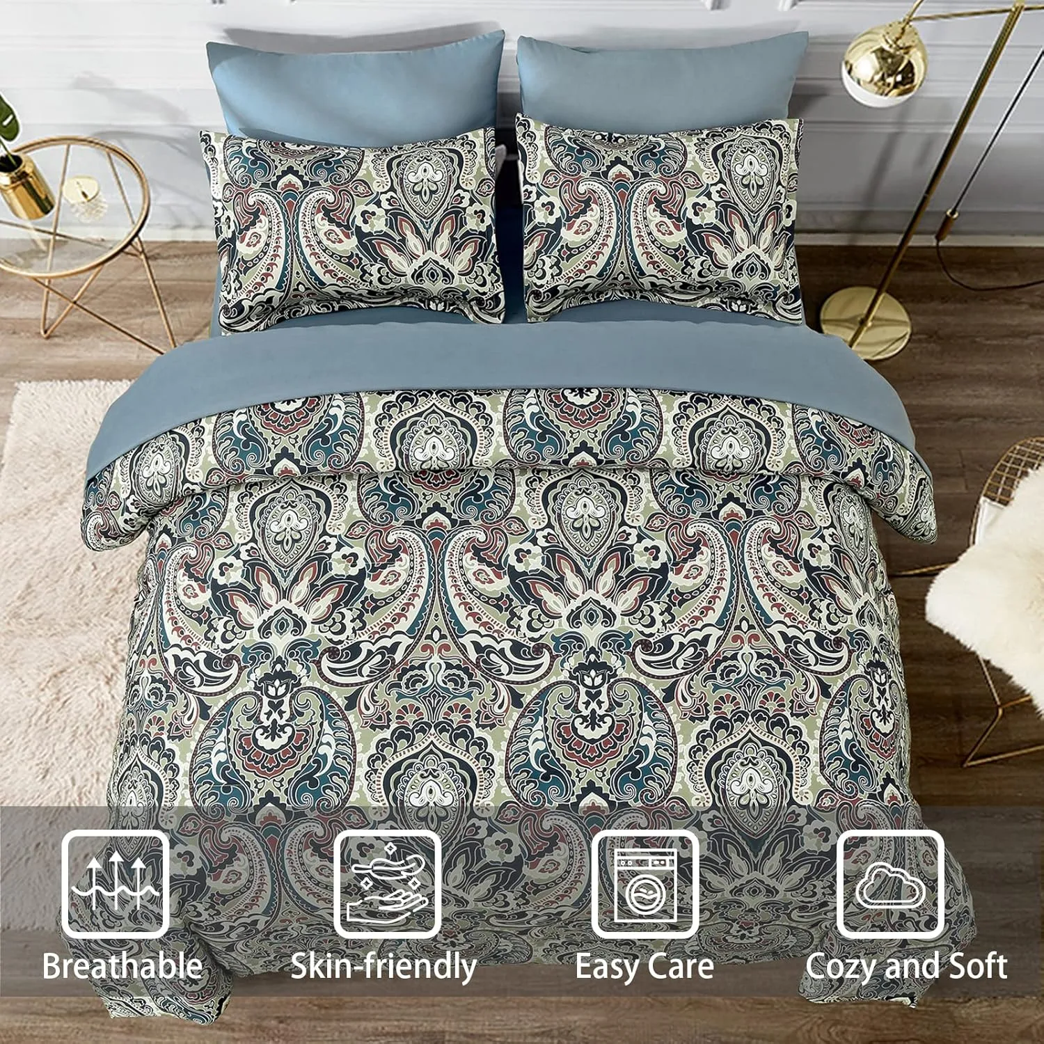 Boho Comforter Set Queen, 7 Pieces Bed in A Bag Comforter Boho Paisley Pattern Bedding Set Soft Microfiber Queen Size (1 Blue Comforter, 1 Flat Sheet, 1 Fitted Sheet, 2 Pillow shams, 2 Pillowcases)