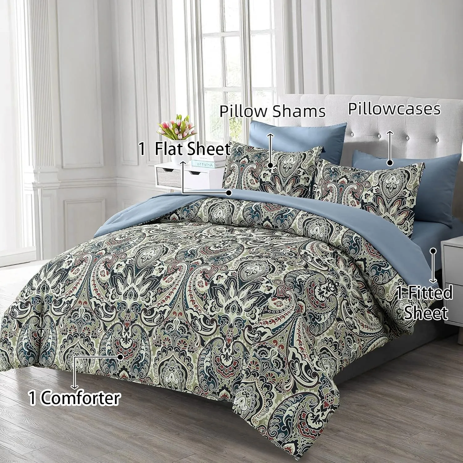 Boho Comforter Set Queen, 7 Pieces Bed in A Bag Comforter Boho Paisley Pattern Bedding Set Soft Microfiber Queen Size (1 Blue Comforter, 1 Flat Sheet, 1 Fitted Sheet, 2 Pillow shams, 2 Pillowcases)