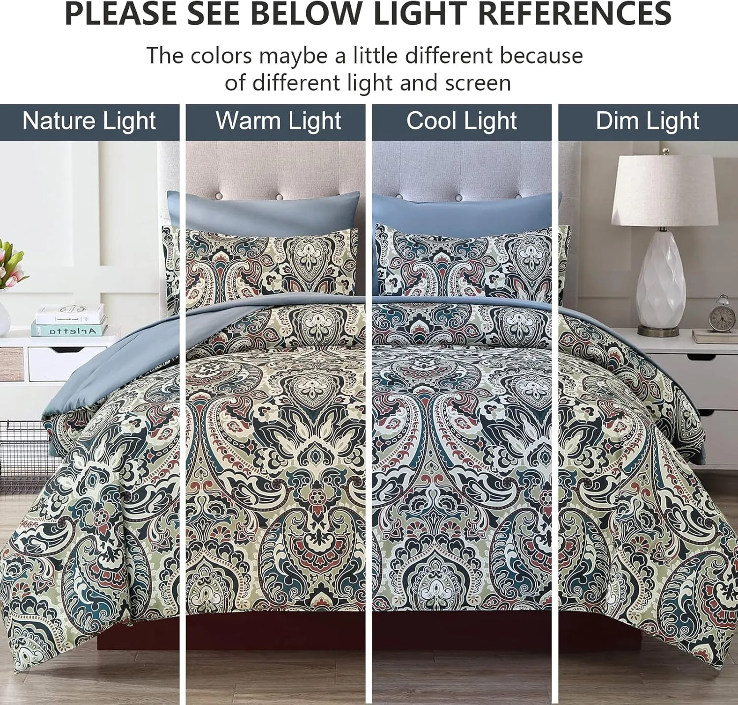Boho Comforter Set Queen, 7 Pieces Bed in A Bag Comforter Boho Paisley Pattern Bedding Set Soft Microfiber Queen Size (1 Blue Comforter, 1 Flat Sheet, 1 Fitted Sheet, 2 Pillow shams, 2 Pillowcases)