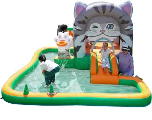 Bounce House Inflatable Cat Bouncy Castle Kids Jumping Bouncer with Slide,Ball Pit, Blower,Punching Bag for Wet and Dry