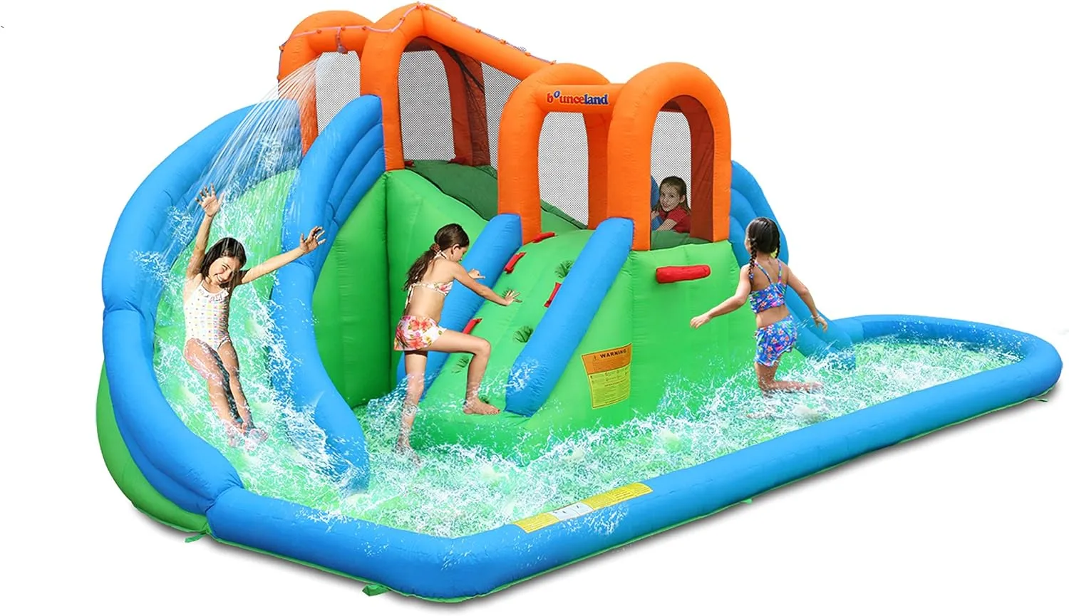 Bounceland Island Water Park Water Slide, 22 ft x 13.8 ft x 8.5 ft, UL Blower Included, Dual Fun Slides, Basketball Hoop, Safe Climbing Wall, Splash Pool, Netted for Safety, Outdoor Fun for Kids